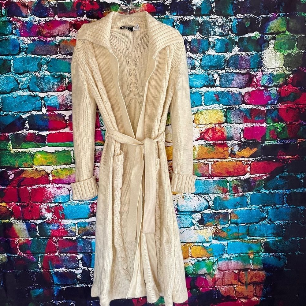 Longline Cable Knit Belted Cardigan Sweater Large